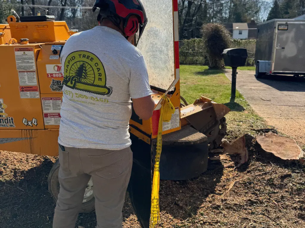 Stump grinding service removing tree stump with heavy-duty grinder
